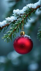 Red ornament on a pine branch with frosted leaves, frosted leaves, winter scenery, natural elements