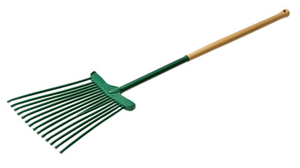 Isolated Green Metal Leaf Rake with Wooden Handle, Angled View