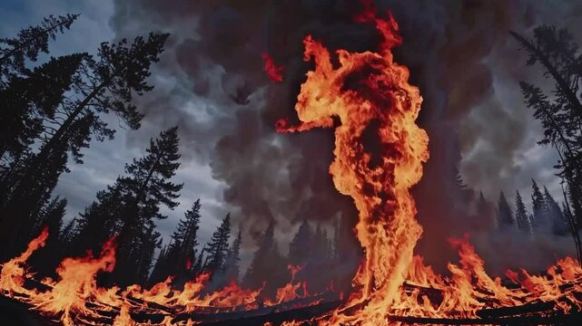 A swirling flame tornado rises amidst a forest fire engulfing the ground in orange and red flames against a cloudy sky, illustrating the power of nature's wildfires