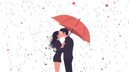 A digital illustration depicting a man and woman embracing and kissing under a red umbrella in the rain.  The style is minimalist and flat, with simple lines and solid colors. The background is