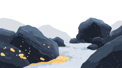Digital painting depicting a minimalist landscape featuring various sizes of dark grey and blue rocks scattered across a light grey/white ground.  A small amount of bright yellow pigment is