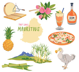 Mauritius map, landmarks of the island in flat style. Vector sugar cane, Peter mountain, endemic Dodo bird, trochetia boutoniana flowers, pineapple, falooda, millionaire salad, Sega music instruments. © Tata Pilip