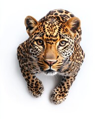 Fototapeta premium Close-Up Portrait of a Majestic Leopard Captured from Above with Striking Features and Unique Patterns on Its Fur Against a Light Background