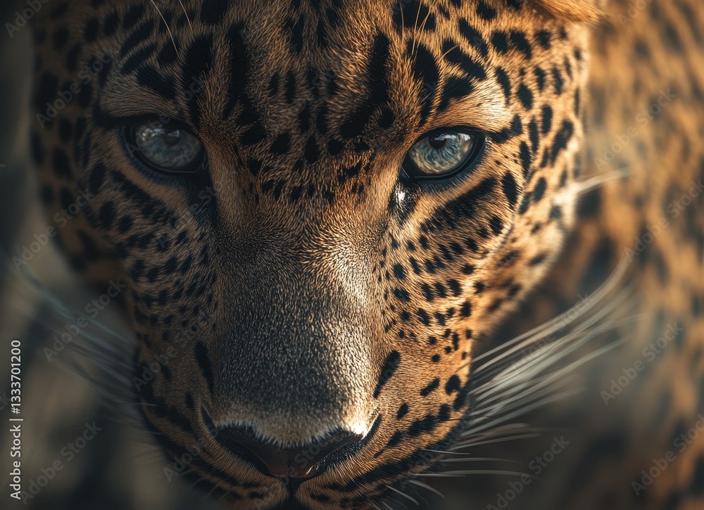 Poster close-up portrait of a majestic leopard displaying its striking features and intricate patterns agai