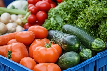 Freshly harvested vegetables including tomatoes, cucumbers, and lettuce displayed in a market