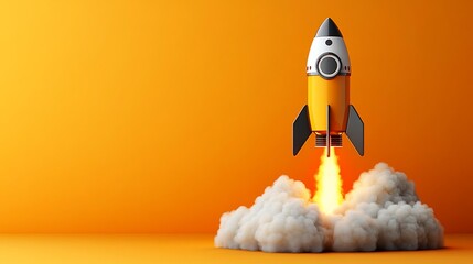 Orange rocket launching,  orange background,  smoke,  future concept
