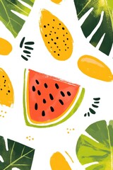 Summer Tropical Fruits Delight: Watermelon, Mango, and Lush Leaves