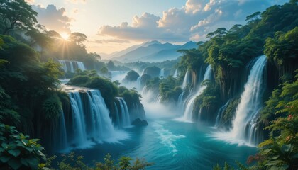 Majestic waterfalls flowing through lush jungle tropical paradise scenic view nature photography
