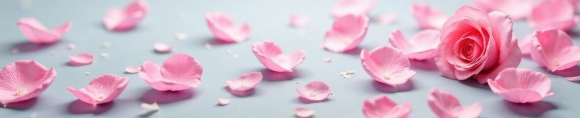 Fototapeta premium Soft pink rose petals scattered on a grey background, subtle, calming, delicate