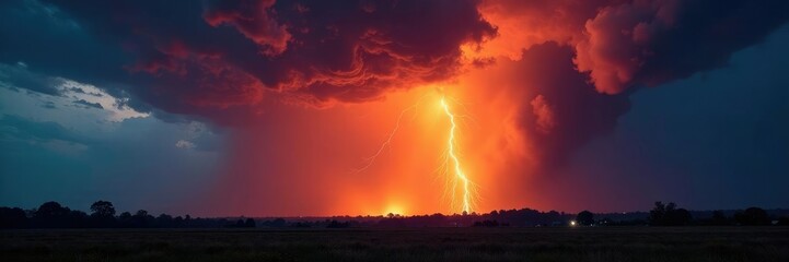 Fototapeta premium Thunderstorm lighting illuminating a wildfire, storm clouds, ash clouds