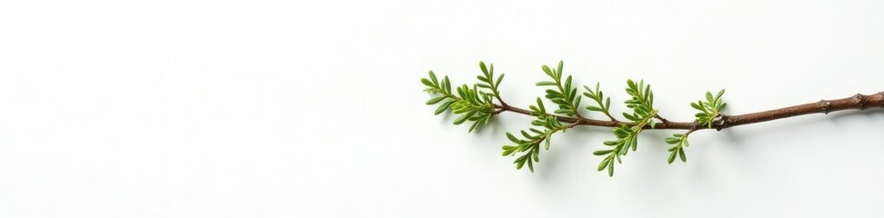 Twig of thuja on a plain white background with subtle texture, texture, natural, white background
