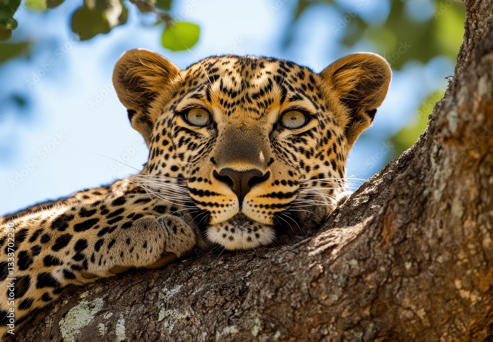 Poster close-up portrait of a majestic leopard resting on a tree branch under clear blue sky, highlighting 