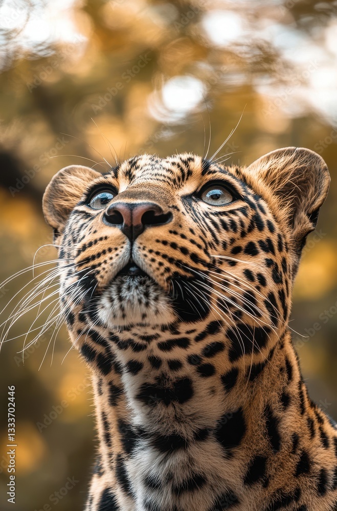 Poster close-up portrait of a majestic leopard showcasing intricate fur patterns against a softly blurred n