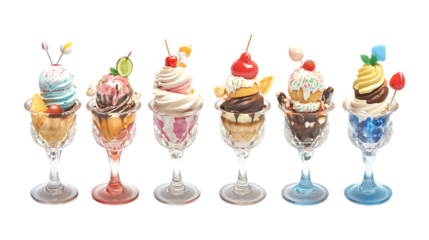 Six gourmet ice cream sundaes topped with cherries and whipped cream arranged in stemmed glasses ready for menu illustration isolated on transparent