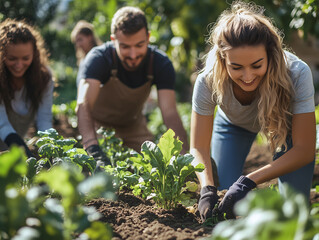 young woman planting flowers in the urban garden