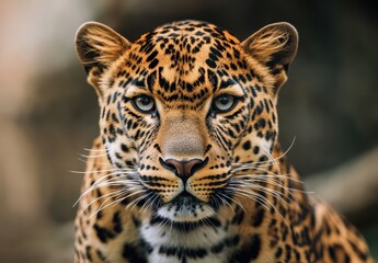 Obraz premium Close-Up Portrait of a Majestic Leopard with Distinctive Spots and Intense Eyes Capturing the Beauty of Wildlife in Its Natural Habitat