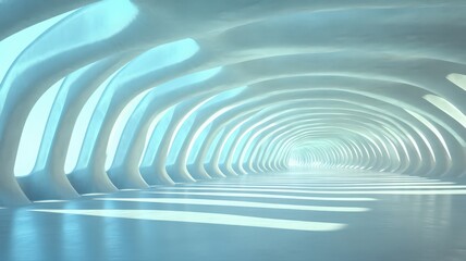 Naklejka premium Abstract Futuristic Tunnel: Pale Blue Lighting and White Curves