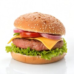 hamburger on a white background. Hamburger on white.  hamburger with cutlet grilled on a wooden surface. Home made hamburger with lettuce and cheese. 