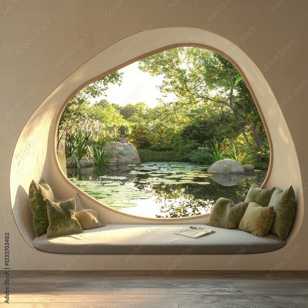 Poster beautiful lotus root slice-shaped window mockup offering a view of a pond for display.