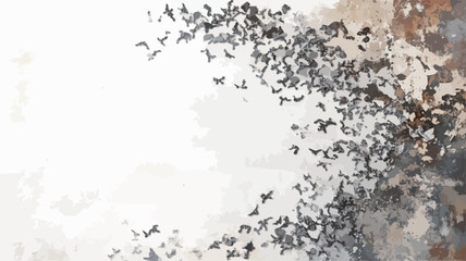 Obraz premium The image is an abstract aerial shot depicting a large flock of birds in flight. The birds are predominantly dark-colored against a lighter background, creating a high-contrast effect. The overall