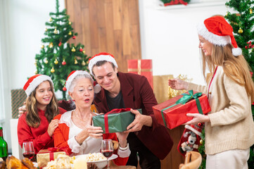 Happy family time for grademother, father ,mother and girl come back to met and alking to each...