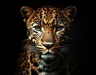Naklejka premium Close-Up Portrait of a Majestic Leopard with Striking Spots Against a Dark Background, Showcasing the Animal's Distinct Features and Intense Gaze