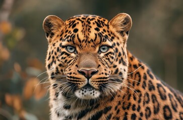 Obraz premium Close-Up Portrait of a Majestic Leopard with Striking Spots and Intense Blue Eyes Surrounded by Natural Background in Soft Focus