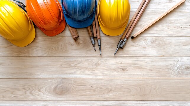 Colorful Hard Hats and Carpentry Tools on Light Wood Background