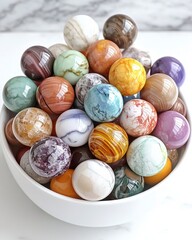 Obraz premium Colorful Marble Spheres in White Bowl, Brightly Lit Still Life