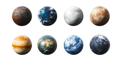 Obraz premium A set of eight diverse celestial bodies resembling planets or moons arranged for educational space graphics isolated on transparent background.