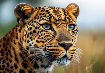 Obraz premium Close-Up Portrait of a Majestic Leopard with Striking Spots and Mesmerizing Green Eyes Against a Soft Natural Background