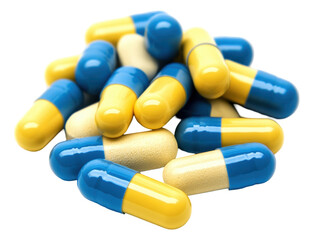 Isolated Pile of Yellow and Blue Capsules Medical