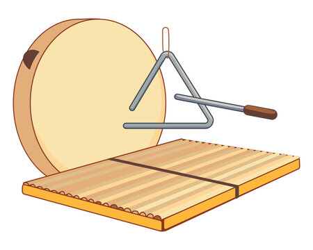 Traditional musical instruments for modern music. Vector ravanna, maravanna and triangl. Homemade percussion instruments of african countries in flat style isolated on white background.