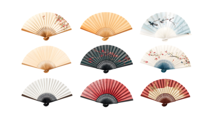 A collection of nine colorful oriental folding hand fans are arranged neatly for use as a cultural accessory banner isolated on transparent