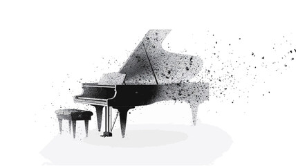 The image showcases a grand piano rendered in monochrome, set against a stark white background.  The piano appears to be partially dissolving or disintegrating, with musical notes emanating from