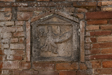 Ancient historical sunken city of Pompeii near Vesuv, Naples, Italy - Stone phallus symbol wishes good luck 
