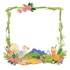 Frame. Landmarks of Mauritius island in flat style. Vector sugar cane, Mount Peter, endemic bird Dodo, flowers Trochetia boutoniana, pineapple, falooda, millionaire's salad, musical instruments Sega. © Tata Pilip