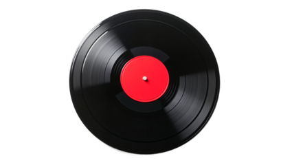 Vintage vinyl record isolated on transparent background. Sleek, modern design element for music themes, retro projects, product displays, and creative graphics. Black and red on white.