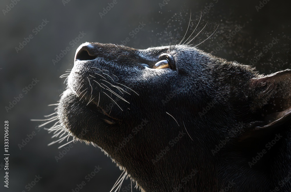 Poster close-up profile of a black cat gazing upward in soft light with whiskers highlighted and textured f