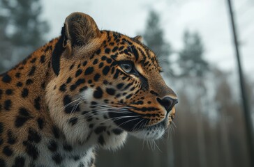 Obraz premium Close-up Profile of a Majestic Leopard in a Natural Habitat Surrounded by Trees and Soft Ambient Light