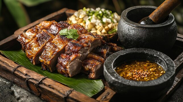 Lechon kawali served on a banana leaf-lined native wooden tray, alongside a traditional stone mortar and pestle filled with spiced vinegar dip, set against an antique Filipino bahay kubo backdrop