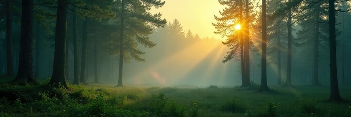 Obraz premium Boreal forest at dawn with misty fog and trees, dawn, green
