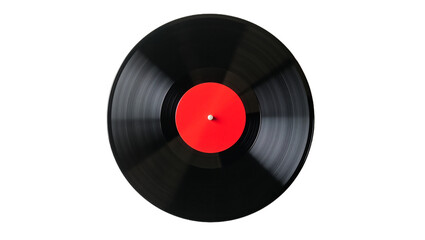 Vinyl record red and black, isolated on transparent background. Modern studio shot of floating centered disc. Use for music, retro, album art, audio projects.