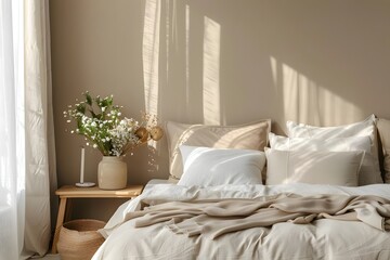 Sunlight Illuminates a Serene Bedroom with Neutral Bedding,  Soft Pillows, and a Delicate Flower Arrangement on a Wooden Side Table, Creating a Calming and Peaceful Atmosphere.