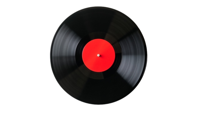 Vinyl record red and black, isolated on transparent background. Modern studio shot of floating centered disc. Use for music, retro, album art, audio projects.