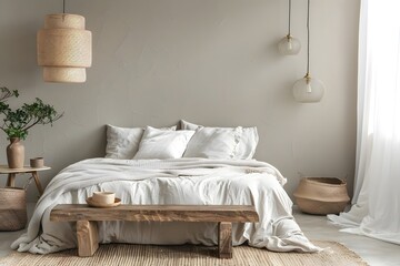 Serene Bedroom Design:  Neutral Bedding, Wooden Bench, and Woven Accents Create a Calming Atmosphere with Natural Light and Stylish Pendant Lamps.  Bohemian Style Decor for Peaceful Relaxation.