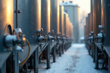Obraz premium Brewery row of containers with valves and hoses, hoses, winter