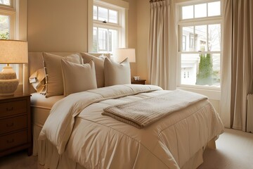 Serene Bedroom Design:  Soft Neutral Bedding, Plush Pillows, and Natural Light Enhance Tranquil Ambiance in a Cozy Room with Elegant Curtains and Wooden Nightstand.