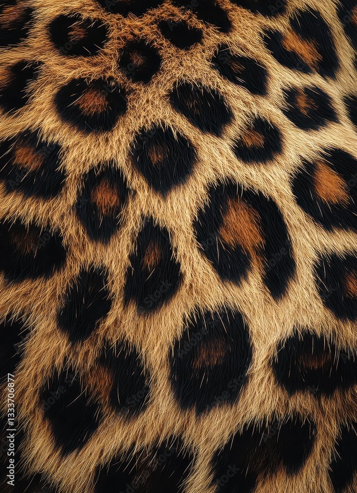 Poster close-up texture of beautiful leopard fur with distinctive black spots on tawny background showcasin