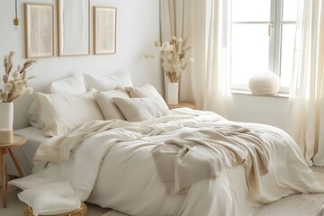 Creating a Serene Bedroom Sanctuary: Styling a Calming Neutral Bed with Soft Textiles and Dried Floral Arrangements for a Tranquil Atmosphere, Enhancing Relaxation and Comfort.